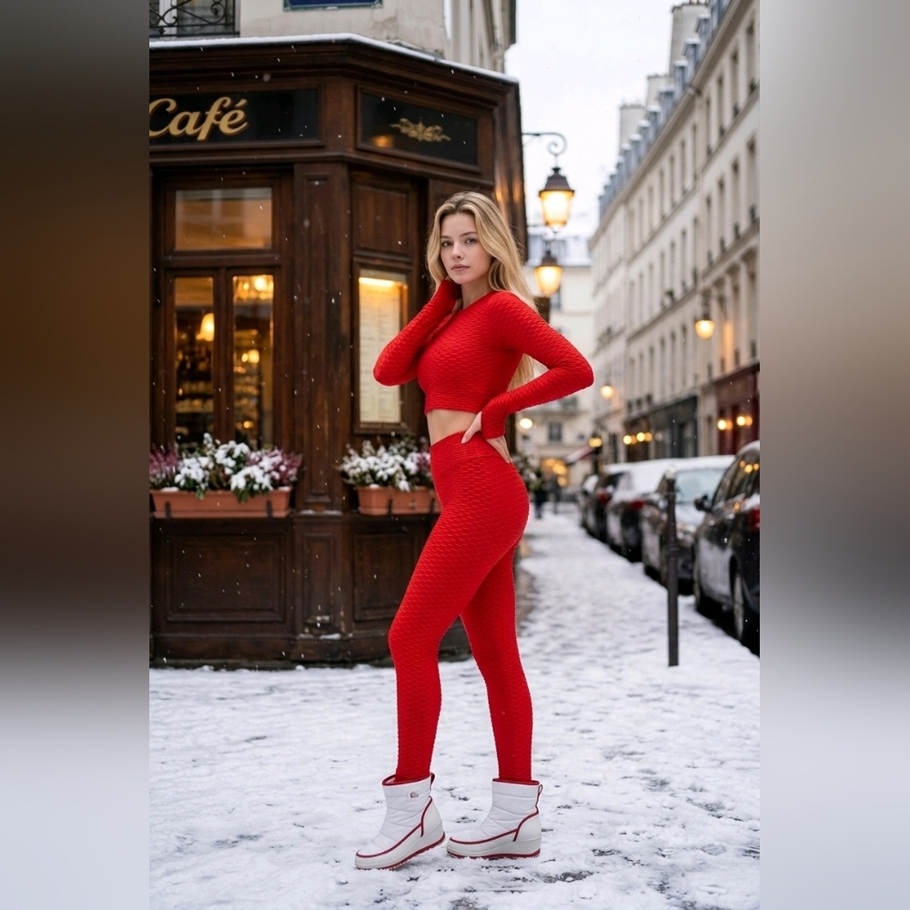 OTOS ❤️ Red Thermal Leggings M – Honeycomb Texture & Soft Fleece Inside❤️
